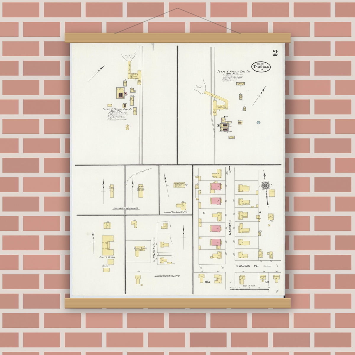 Old map wall art mockup — magnetic wood frame on brick wall — Sanborn Fire Insurance Map from Thurber, Erath County, Texas (1911), Sheet #0002