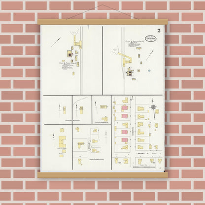 Old map wall art mockup — magnetic wood frame on brick wall — Sanborn Fire Insurance Map from Thurber, Erath County, Texas (1911), Sheet #0002