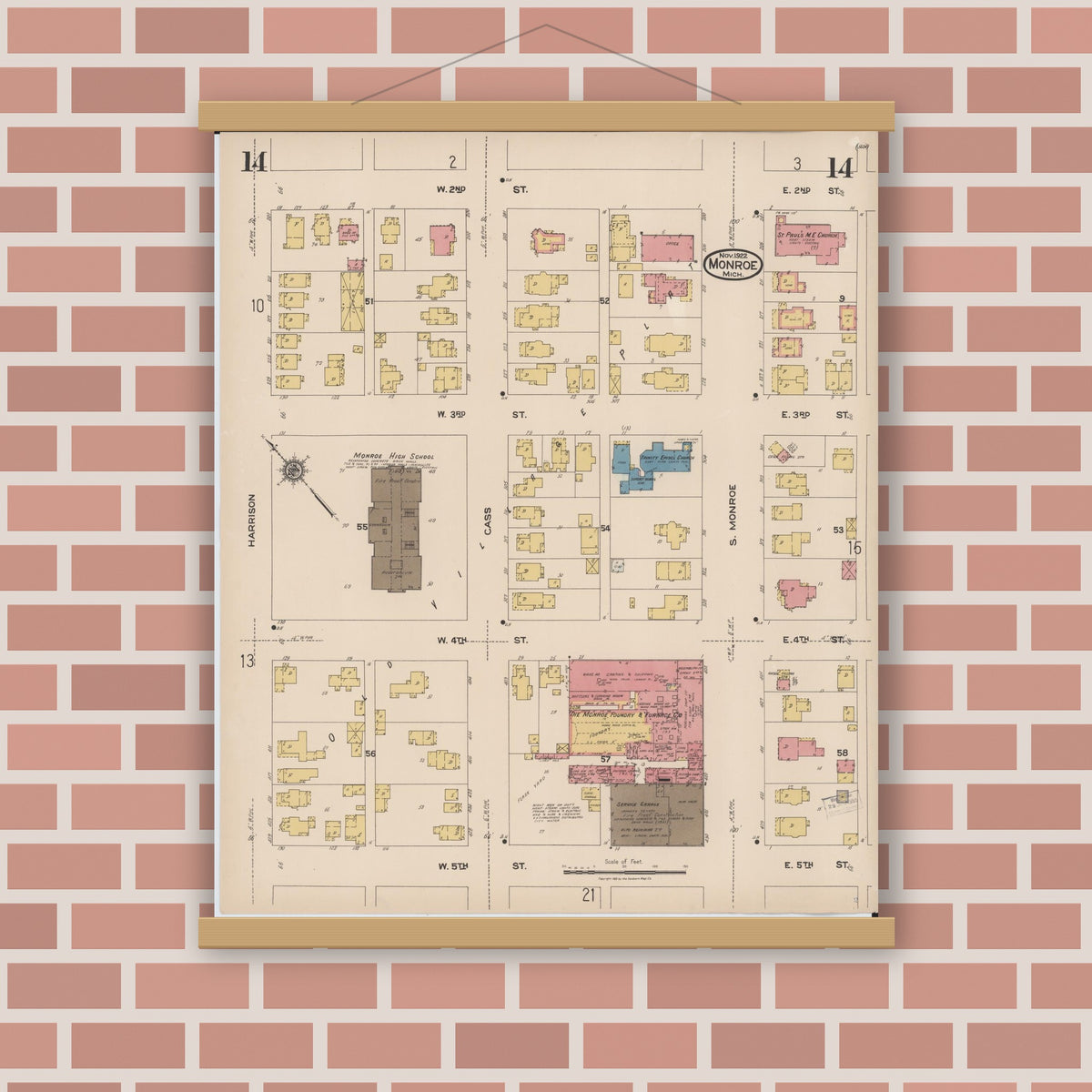 Old map wall art mockup — magnetic wood frame on brick wall — Sanborn Fire Insurance Map from Monroe, Monroe County, Michigan (1922), Sheet #0014