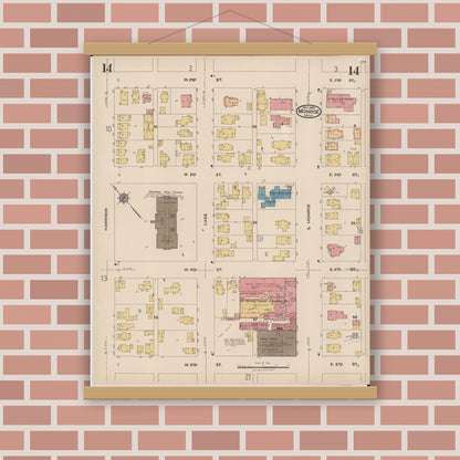 Old map wall art mockup — magnetic wood frame on brick wall — Sanborn Fire Insurance Map from Monroe, Monroe County, Michigan (1922), Sheet #0014
