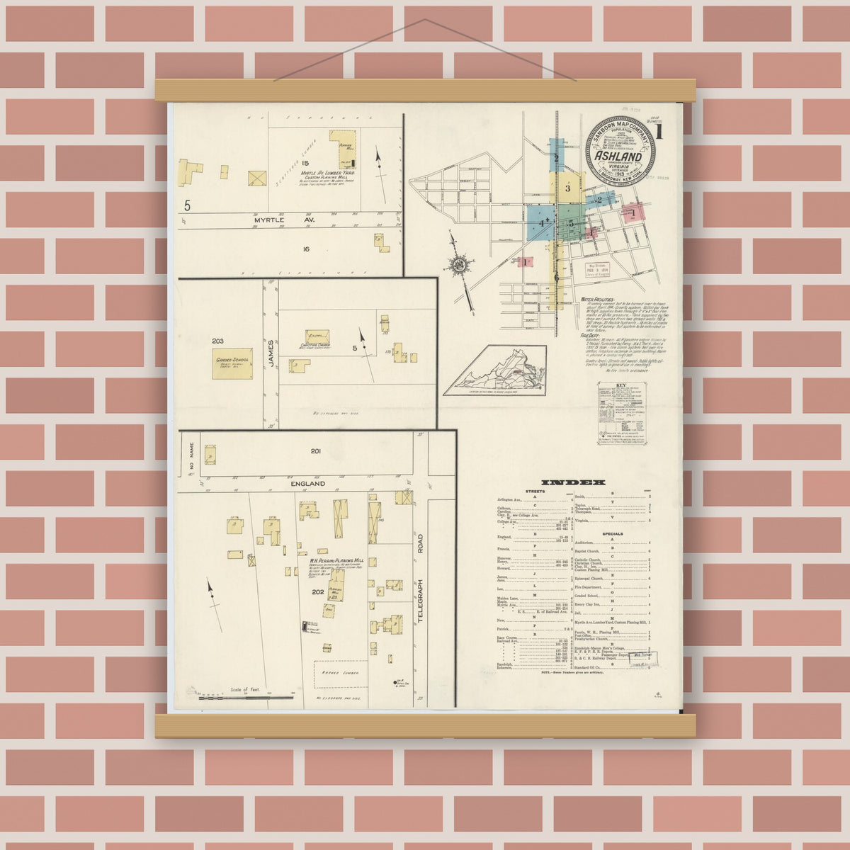 Old map wall art mockup — magnetic wood frame on brick wall — Sanborn Fire Insurance Map from Ashland, Hanover County, Virginia (1913) - Complete Map Set