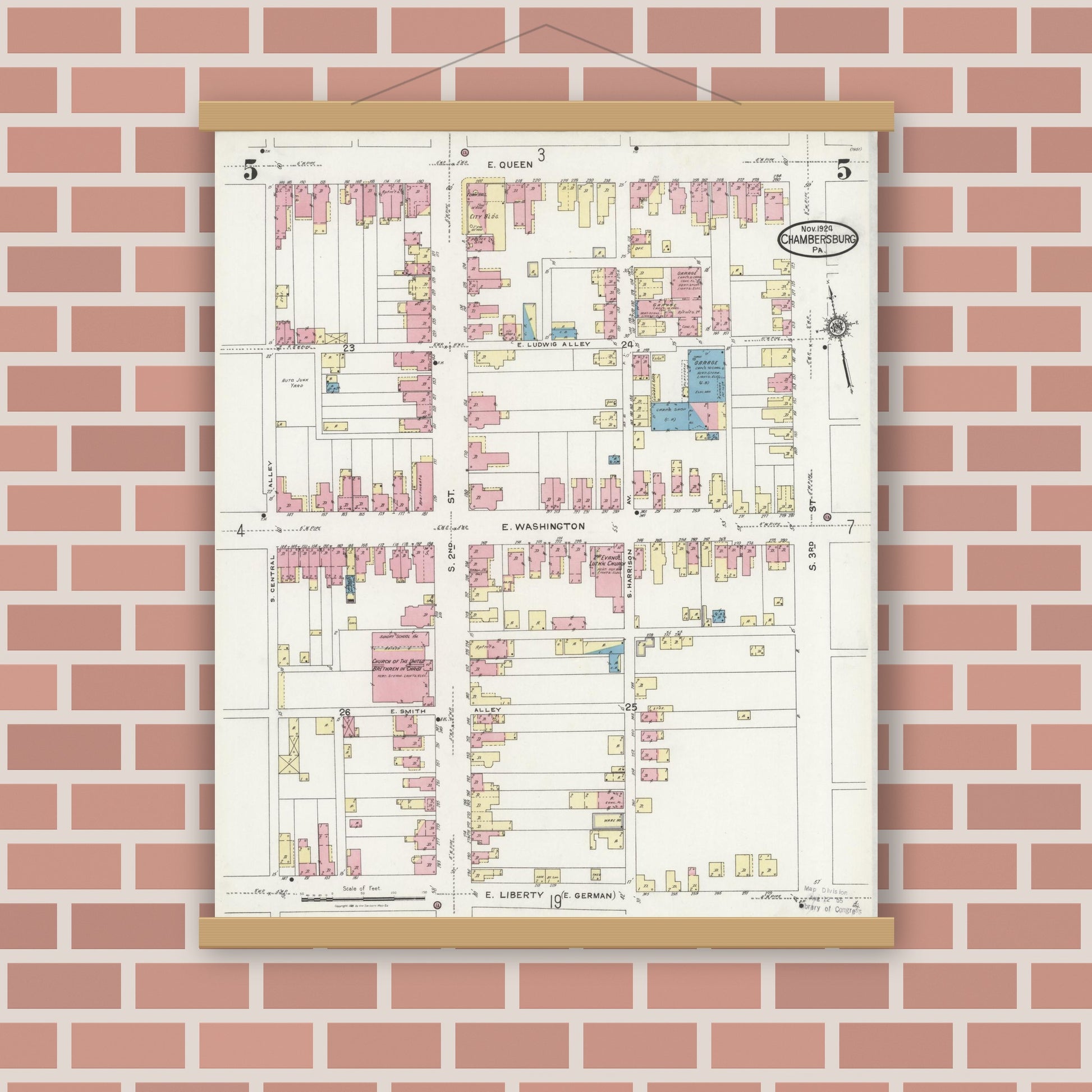 Old map wall art mockup — magnetic wood frame on brick wall — Sanborn Fire Insurance Map from Chambersburg, Franklin County, Pennsylvania (1924), Sheet #0005
