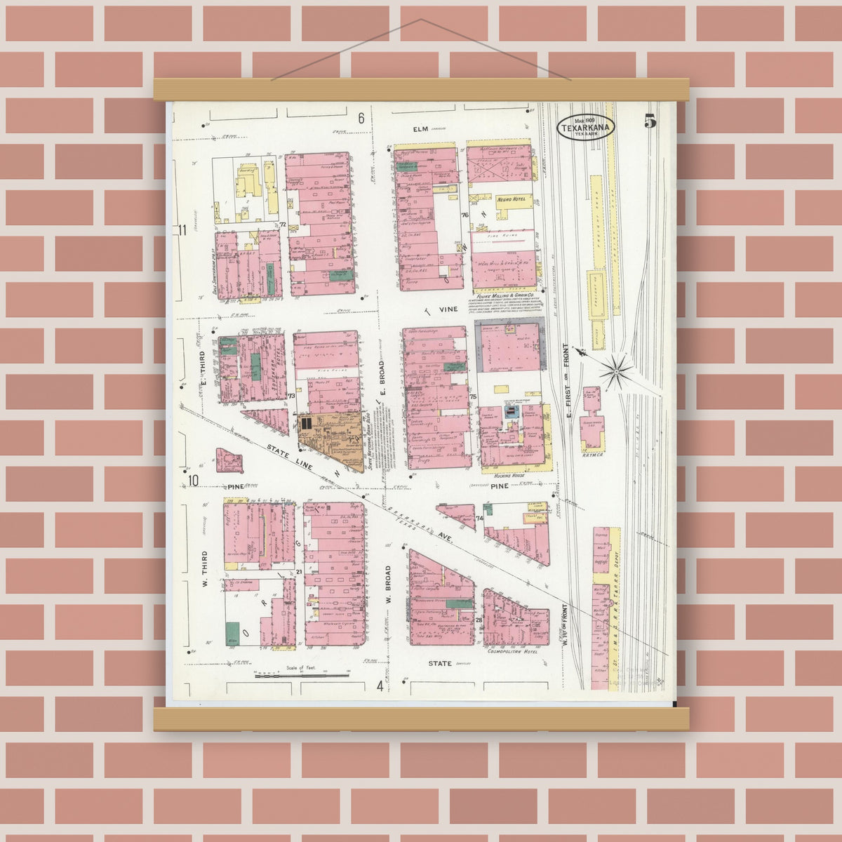 Old map wall art mockup — magnetic wood frame on brick wall — Sanborn Fire Insurance Map from Texarkana, Bowie County, Texas (1909), Sheet #0005