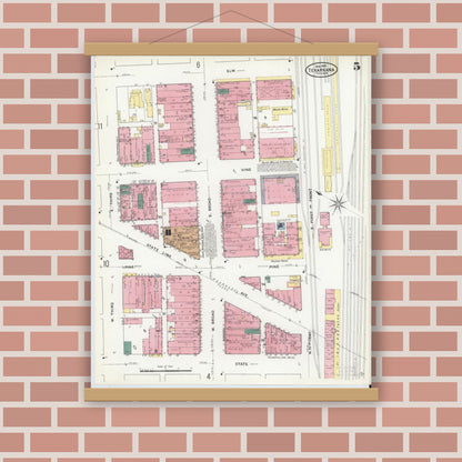 Old map wall art mockup — magnetic wood frame on brick wall — Sanborn Fire Insurance Map from Texarkana, Bowie County, Texas (1909), Sheet #0005