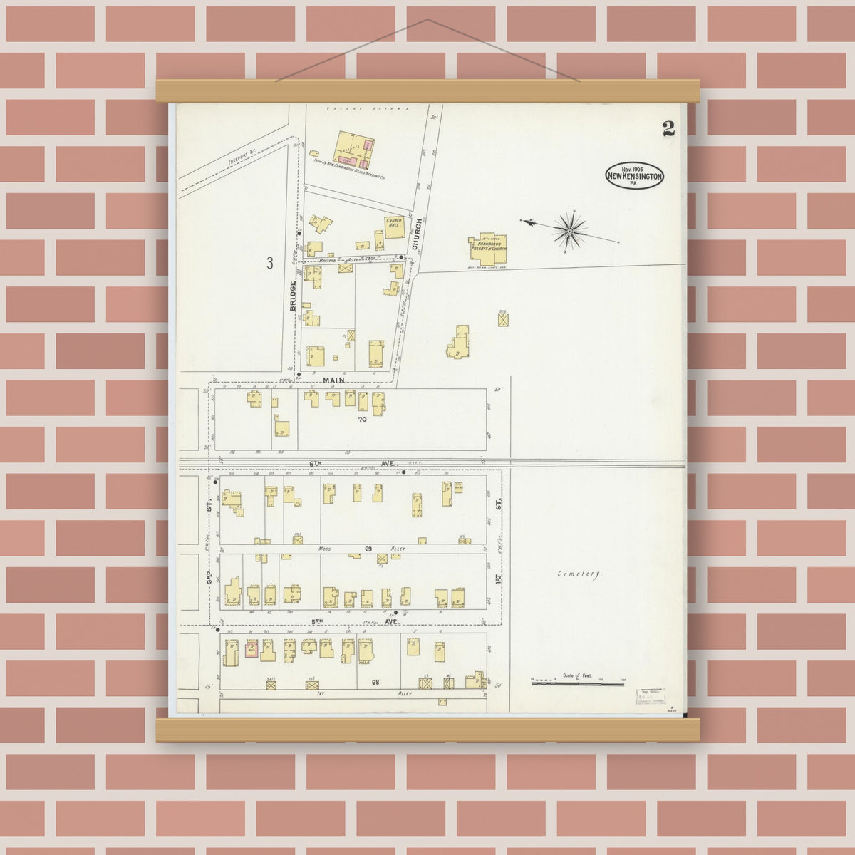 Old map wall art mockup — magnetic wood frame on brick wall — Sanborn Fire Insurance Map from New Kensington, Westmoreland County, Pennsylvania (1905), Sheet #0002