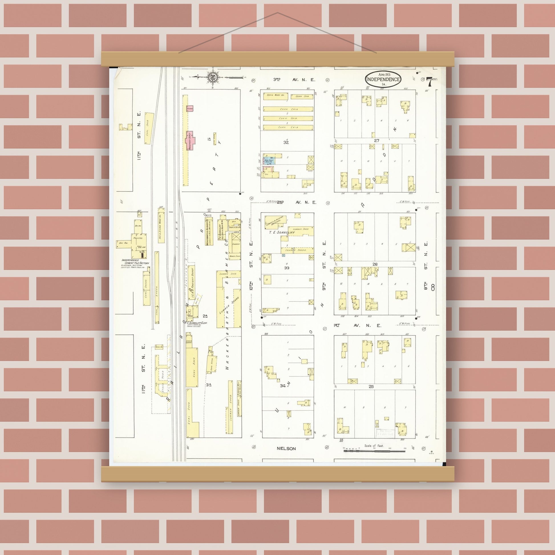 Old map wall art mockup — magnetic wood frame on brick wall — Sanborn Fire Insurance Map from Independence, Buchanan County, Iowa (1913), Sheet #0007
