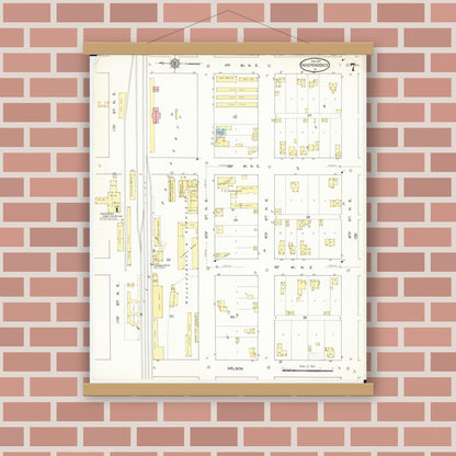 Old map wall art mockup — magnetic wood frame on brick wall — Sanborn Fire Insurance Map from Independence, Buchanan County, Iowa (1913), Sheet #0007