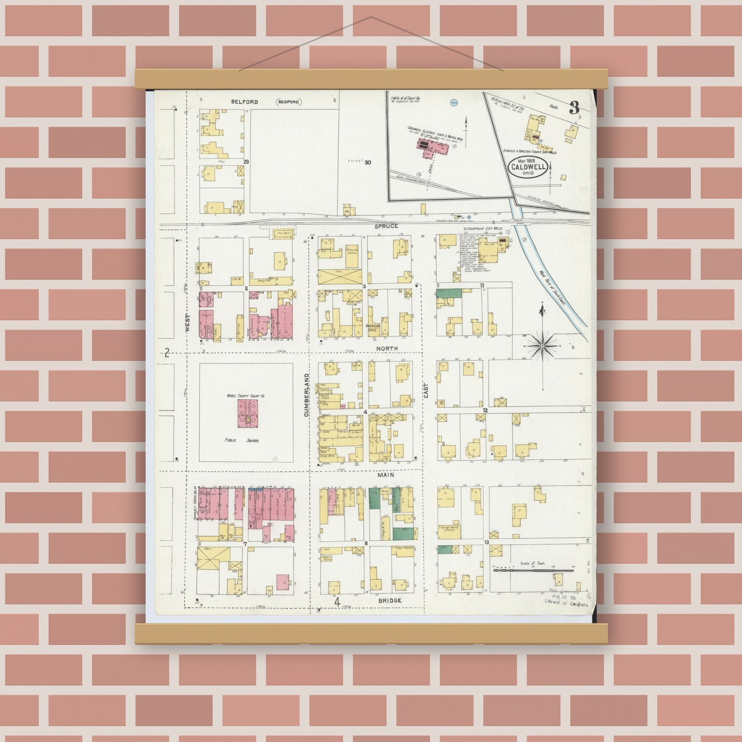 Old map wall art mockup — magnetic wood frame on brick wall — Sanborn Fire Insurance Map from Caldwell, Noble County, Ohio (1905), Sheet #0003