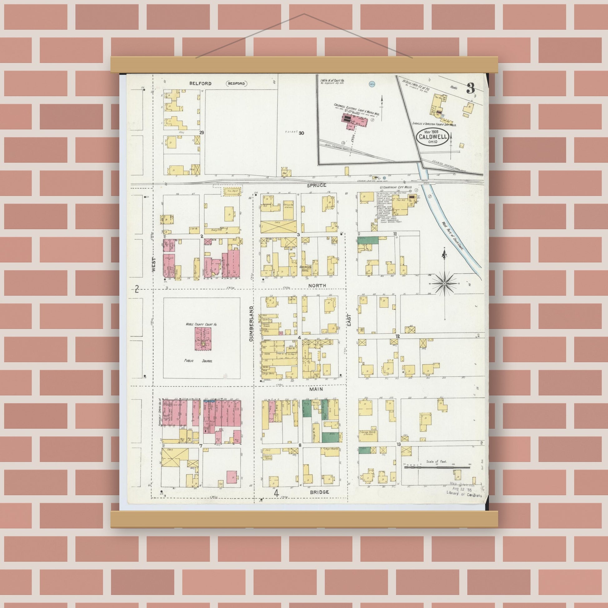 Old map wall art mockup — magnetic wood frame on brick wall — Sanborn Fire Insurance Map from Caldwell, Noble County, Ohio (1905), Sheet #0003
