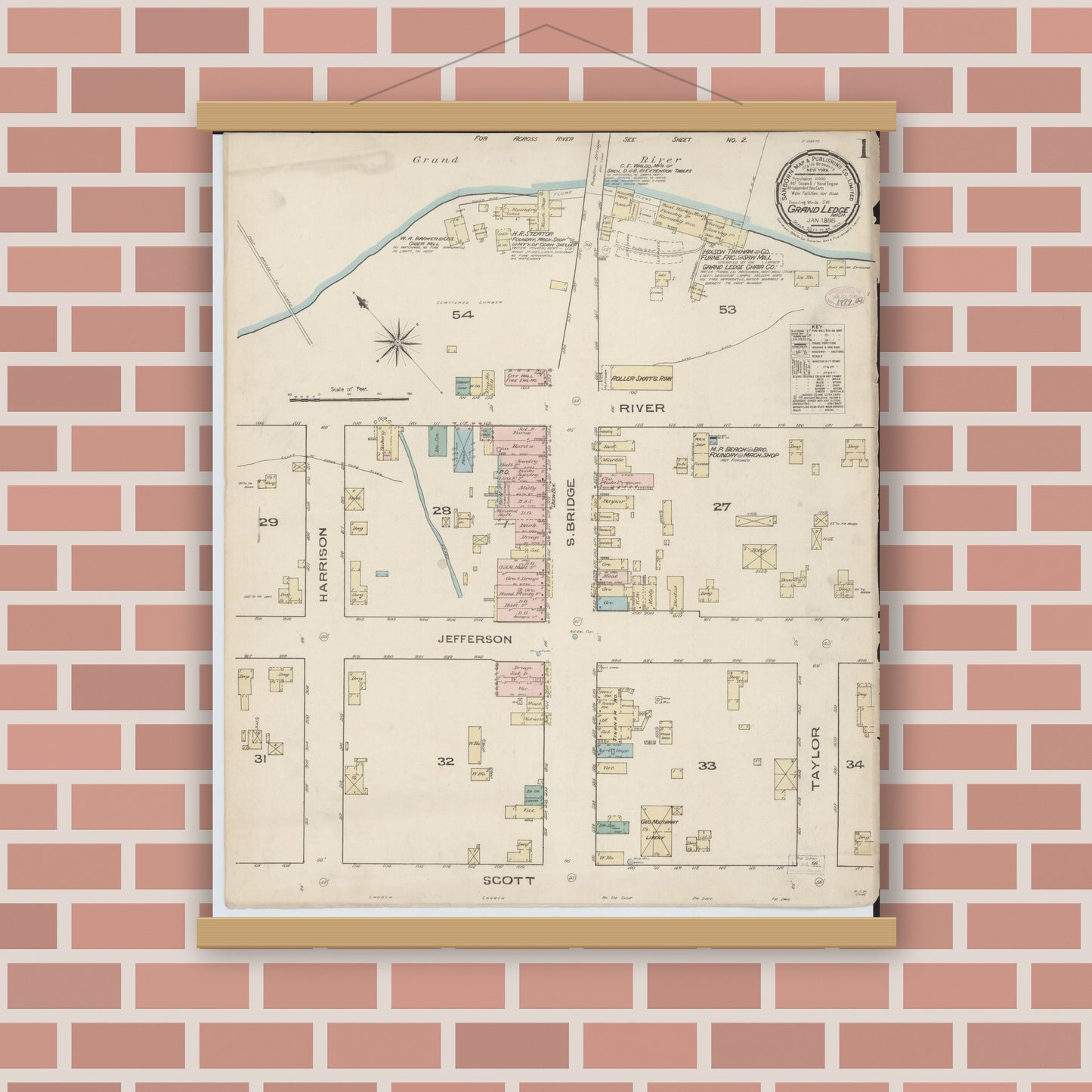 Old map wall art mockup — magnetic wood frame on brick wall — Sanborn Fire Insurance Map from Grand Ledge, Eaton County, Michigan (1886) - Complete Map Set