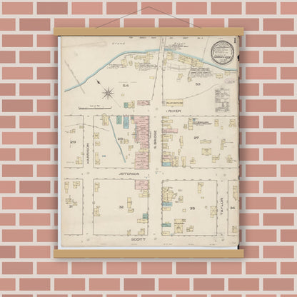 Old map wall art mockup — magnetic wood frame on brick wall — Sanborn Fire Insurance Map from Grand Ledge, Eaton County, Michigan (1886) - Complete Map Set