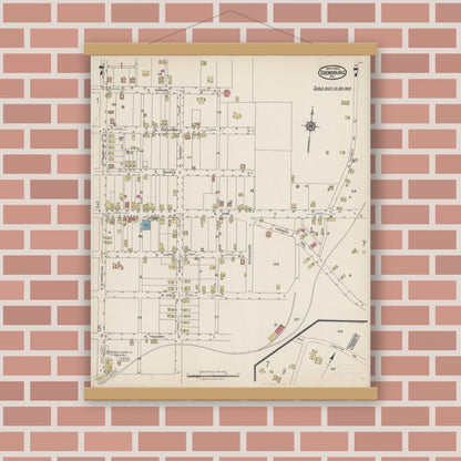 Old map wall art mockup — magnetic wood frame on brick wall — Sanborn Fire Insurance Map from Ebensburg, Cambria County, Pennsylvania (1923), Sheet #0007