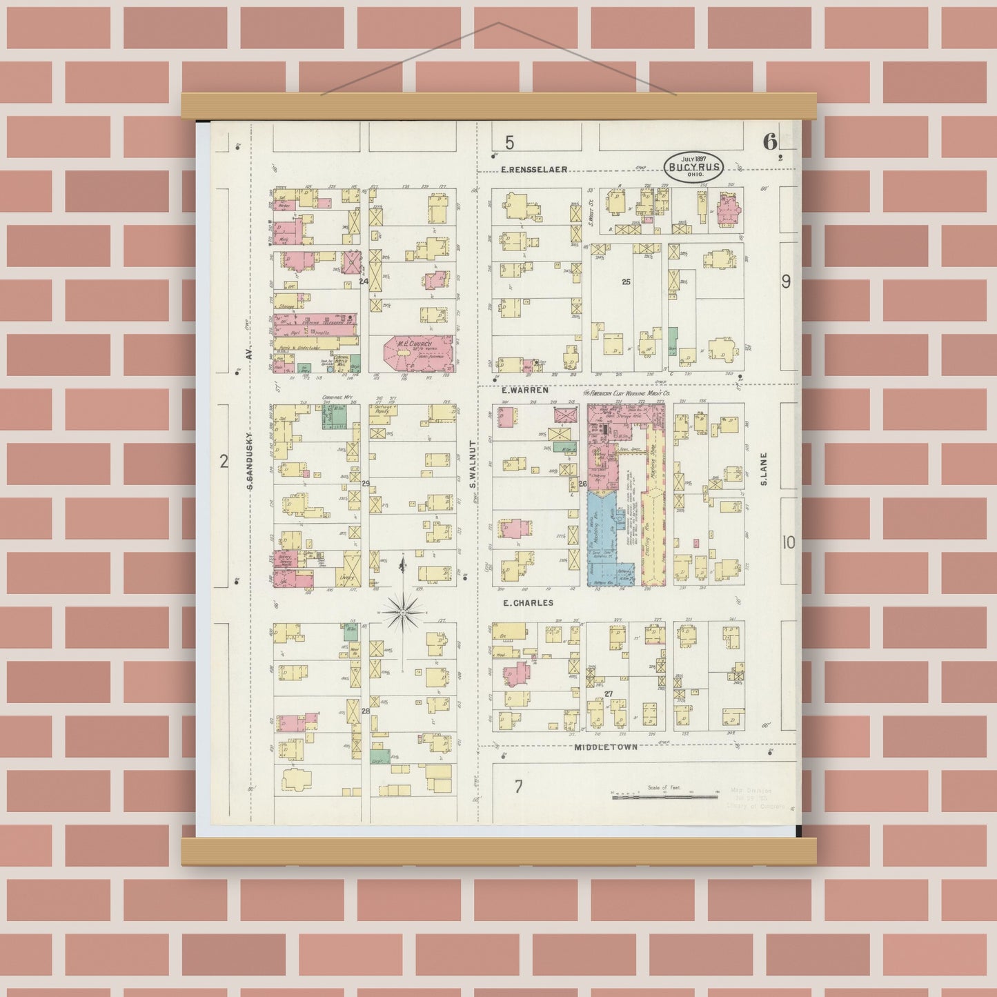 Old map wall art mockup — magnetic wood frame on brick wall — Sanborn Fire Insurance Map from Bucyrus, Crawford County, Ohio (1897), Sheet #0006