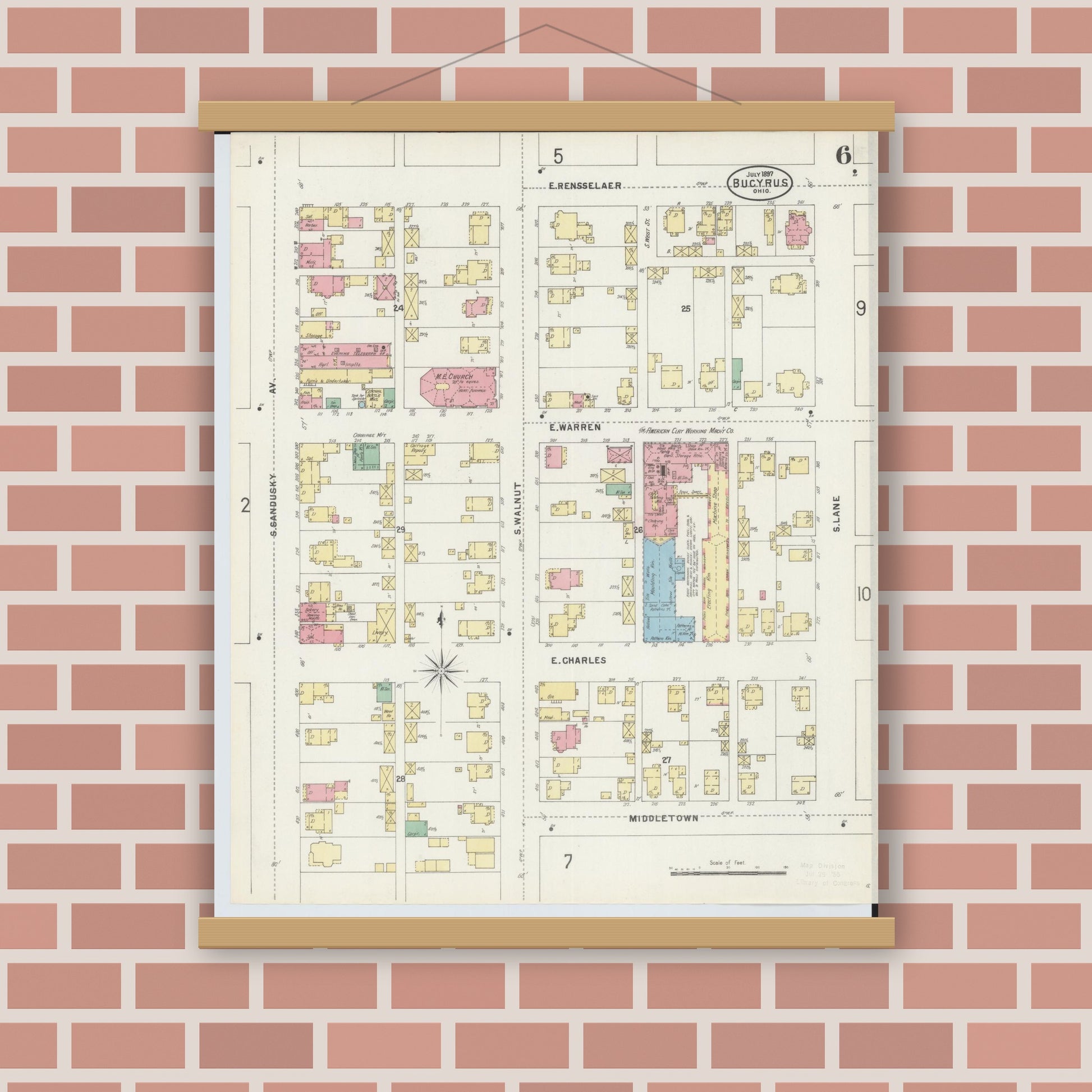 Old map wall art mockup — magnetic wood frame on brick wall — Sanborn Fire Insurance Map from Bucyrus, Crawford County, Ohio (1897), Sheet #0006