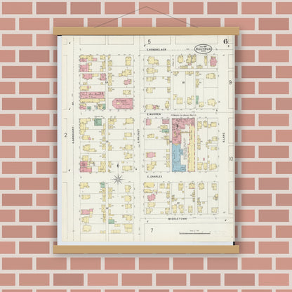 Old map wall art mockup — magnetic wood frame on brick wall — Sanborn Fire Insurance Map from Bucyrus, Crawford County, Ohio (1897), Sheet #0006