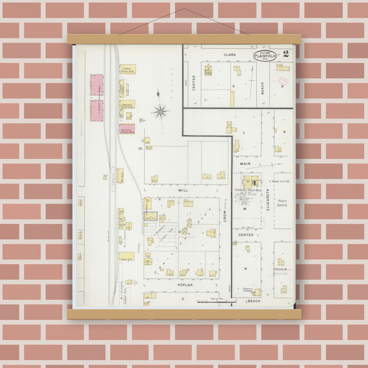 Old map wall art mockup — magnetic wood frame on brick wall — Sanborn Fire Insurance Map from Plainfield, Waushara County, Wisconsin (1894), Sheet #0002