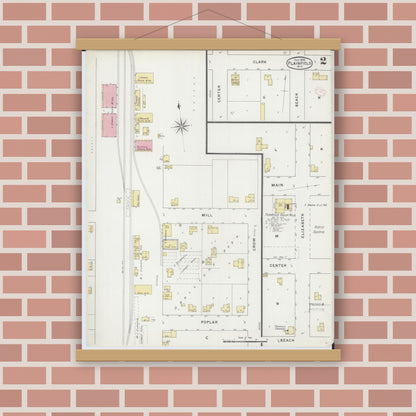 Old map wall art mockup — magnetic wood frame on brick wall — Sanborn Fire Insurance Map from Plainfield, Waushara County, Wisconsin (1894), Sheet #0002