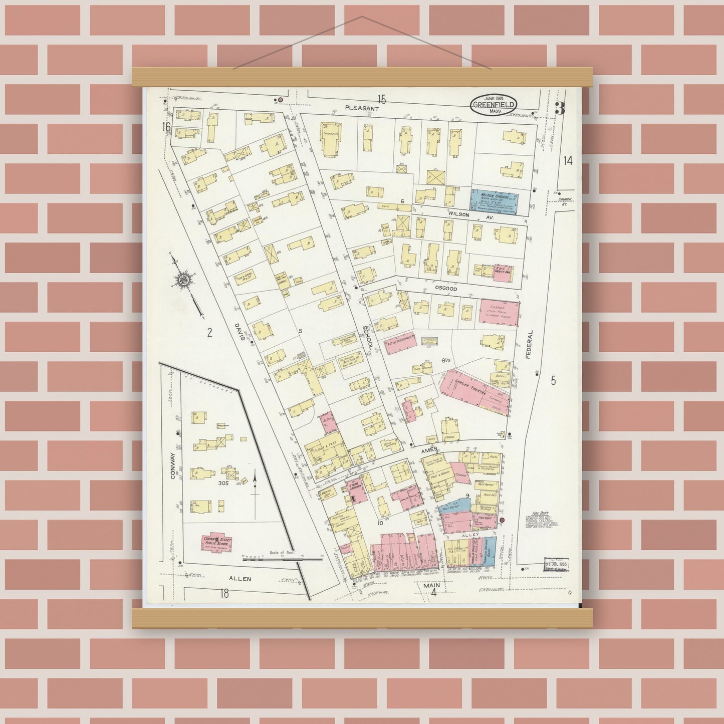Old map wall art mockup — magnetic wood frame on brick wall — Sanborn Fire Insurance Map from Greenfield, Franklin County, Massachusetts (1914), Sheet #0003