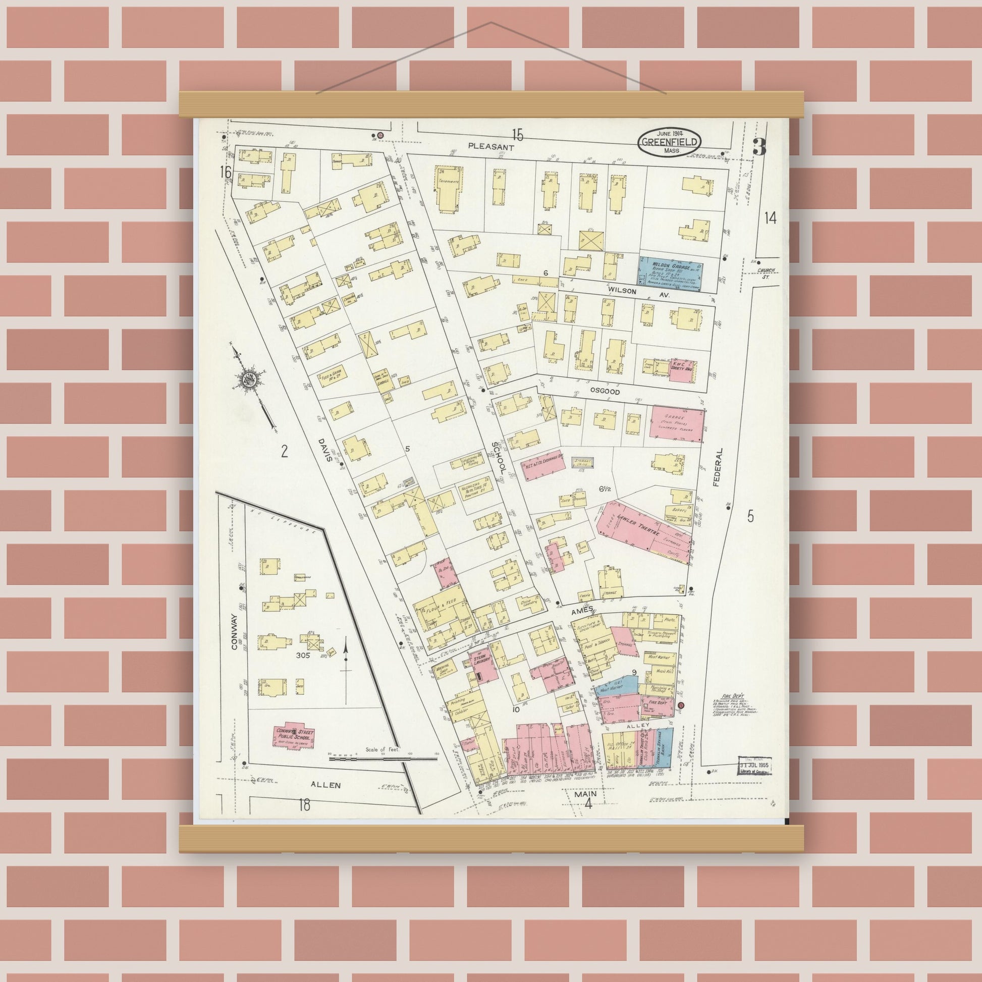 Old map wall art mockup — magnetic wood frame on brick wall — Sanborn Fire Insurance Map from Greenfield, Franklin County, Massachusetts (1914), Sheet #0003