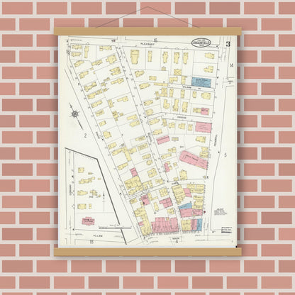 Old map wall art mockup — magnetic wood frame on brick wall — Sanborn Fire Insurance Map from Greenfield, Franklin County, Massachusetts (1914), Sheet #0003