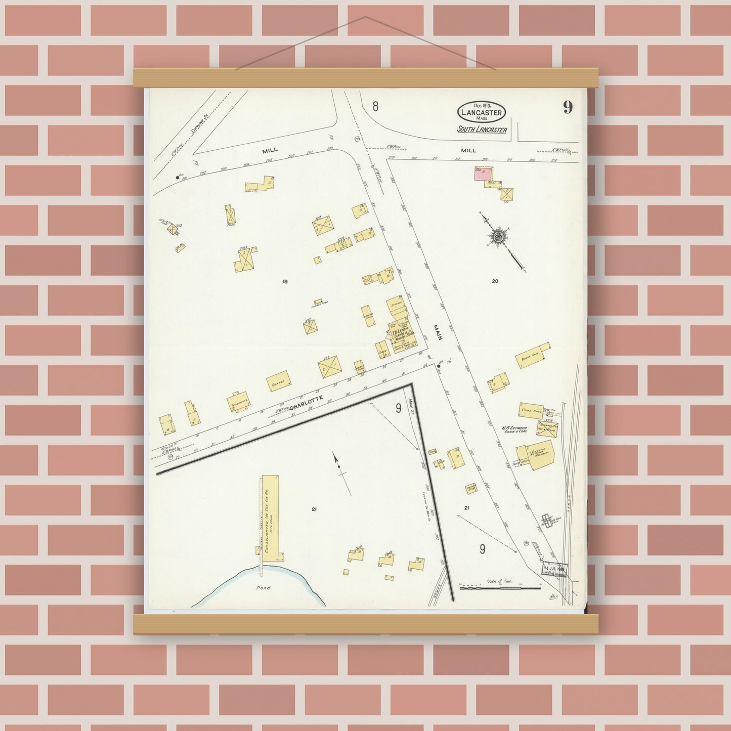 Old map wall art mockup — magnetic wood frame on brick wall — Sanborn Fire Insurance Map from Lancaster, Worcester County, Massachusetts (1910), Sheet #0009