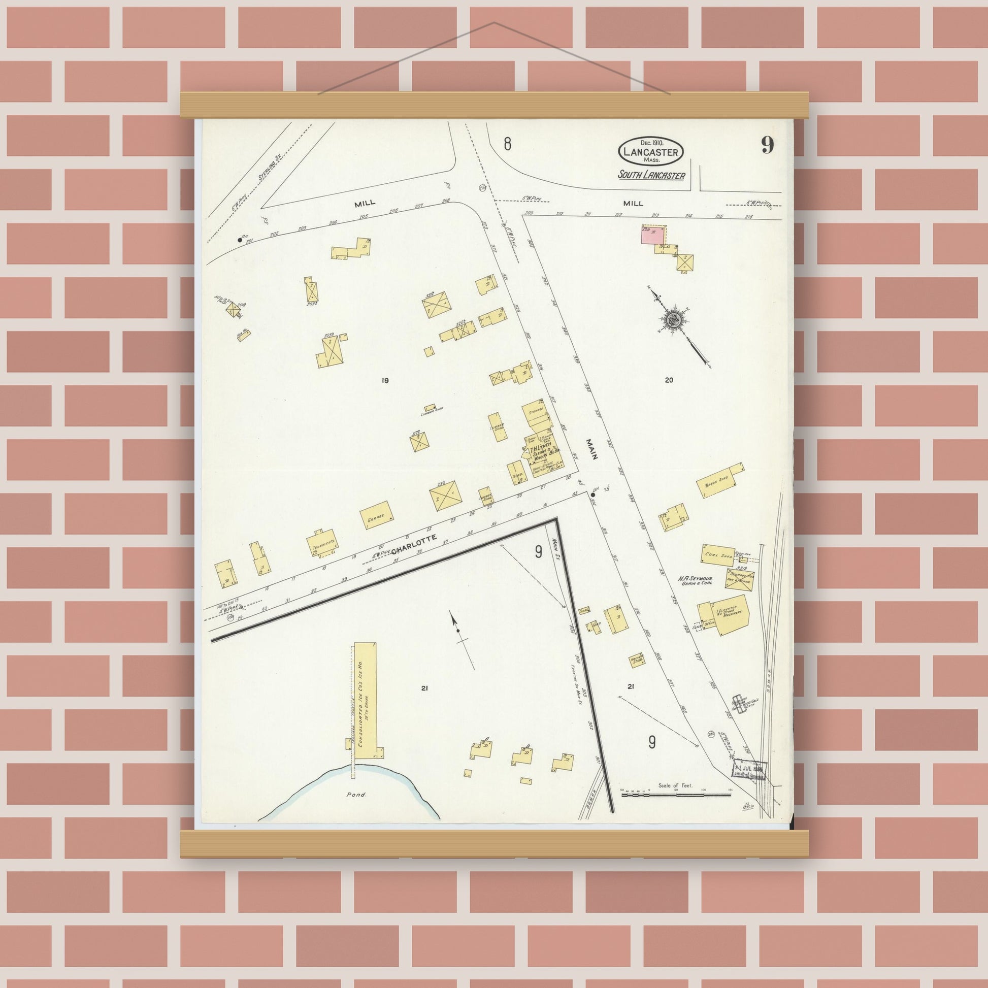 Old map wall art mockup — magnetic wood frame on brick wall — Sanborn Fire Insurance Map from Lancaster, Worcester County, Massachusetts (1910), Sheet #0009