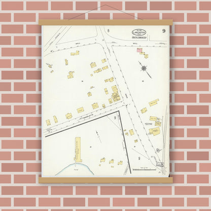 Old map wall art mockup — magnetic wood frame on brick wall — Sanborn Fire Insurance Map from Lancaster, Worcester County, Massachusetts (1910), Sheet #0009
