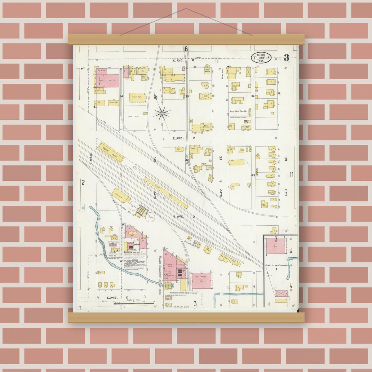 Old map wall art mockup — magnetic wood frame on brick wall — Sanborn Fire Insurance Map from Temple, Bell County, Texas (1905), Sheet #0003