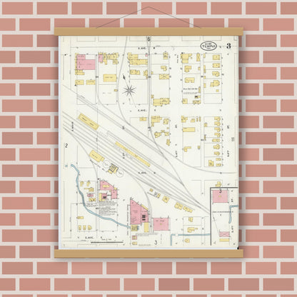 Old map wall art mockup — magnetic wood frame on brick wall — Sanborn Fire Insurance Map from Temple, Bell County, Texas (1905), Sheet #0003