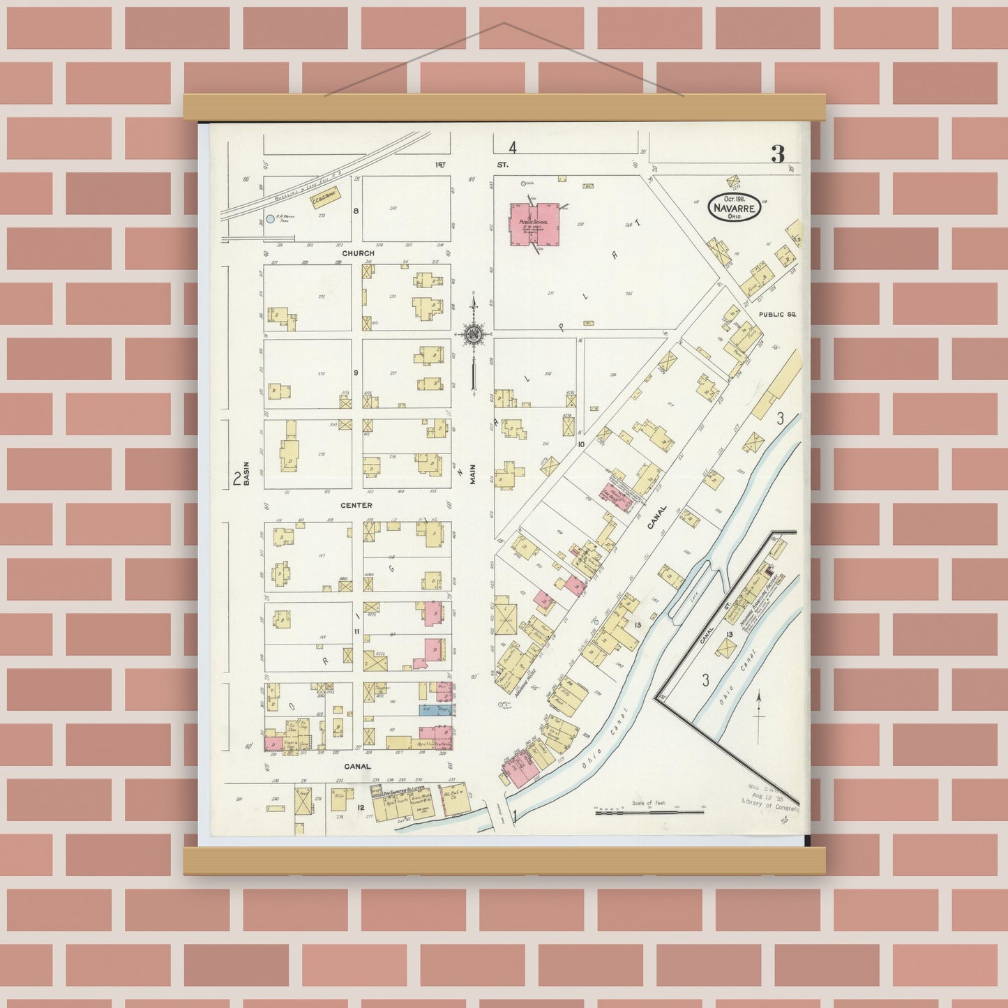 Old map wall art mockup — magnetic wood frame on brick wall — Sanborn Fire Insurance Map from Navarre, Stark County, Ohio (1911), Sheet #0003
