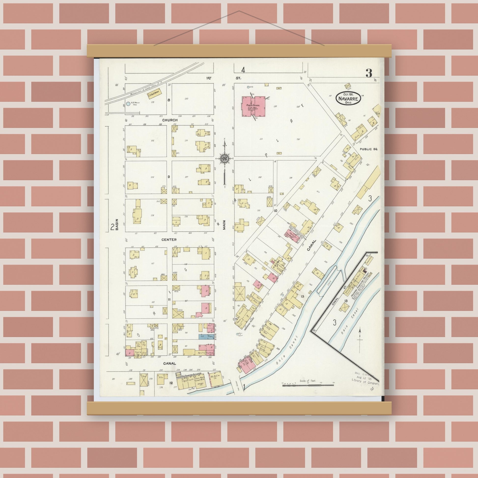 Old map wall art mockup — magnetic wood frame on brick wall — Sanborn Fire Insurance Map from Navarre, Stark County, Ohio (1911), Sheet #0003