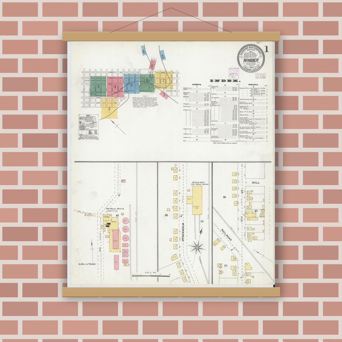Old map wall art mockup — magnetic wood frame on brick wall — Sanborn Fire Insurance Map from Windber, Somerset County, Pennsylvania (1904), Sheet #0001