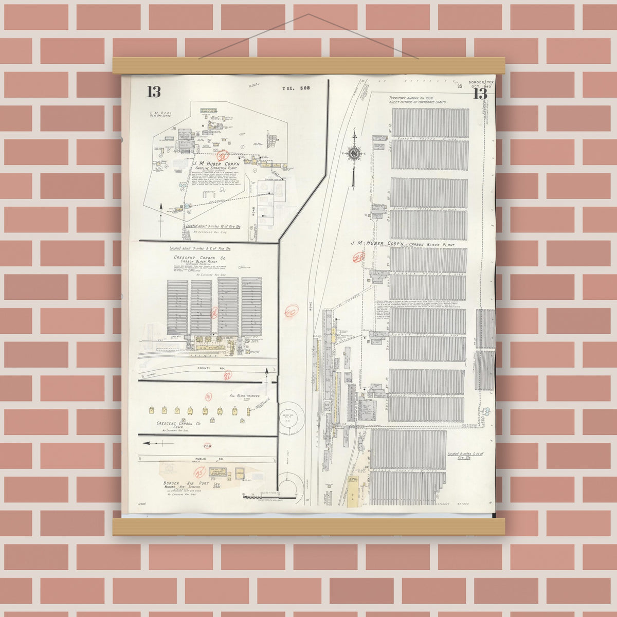 Old map wall art mockup — magnetic wood frame on brick wall — Sanborn Fire Insurance Map from Borger, Hutchinson County, Texas (1950), Sheet #0013