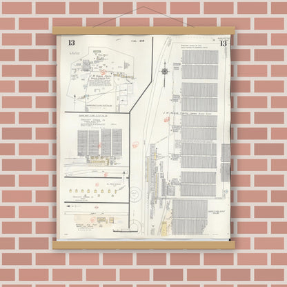 Old map wall art mockup — magnetic wood frame on brick wall — Sanborn Fire Insurance Map from Borger, Hutchinson County, Texas (1950), Sheet #0013