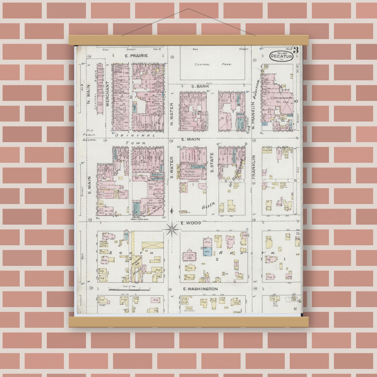 Old map wall art mockup — magnetic wood frame on brick wall — Sanborn Fire Insurance Map from Decatur, Macon County, Illinois (1887), Sheet #0003
