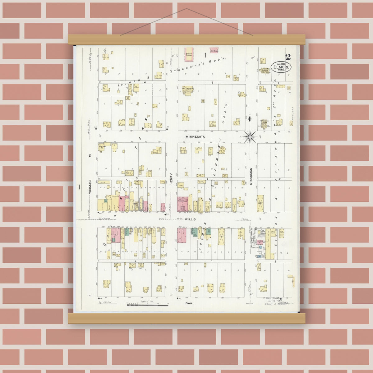 Old map wall art mockup — magnetic wood frame on brick wall — Sanborn Fire Insurance Map from Elmore, Faribault County, Minnesota (1908), Sheet #0002