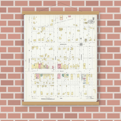 Old map wall art mockup — magnetic wood frame on brick wall — Sanborn Fire Insurance Map from Elmore, Faribault County, Minnesota (1908), Sheet #0002