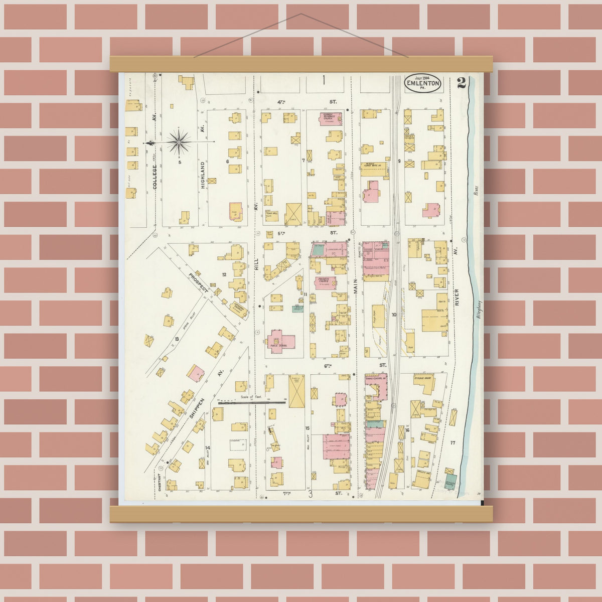 Old map wall art mockup — magnetic wood frame on brick wall — Sanborn Fire Insurance Map from Emlenton, Venango County, Pennsylvania (1904), Sheet #0002