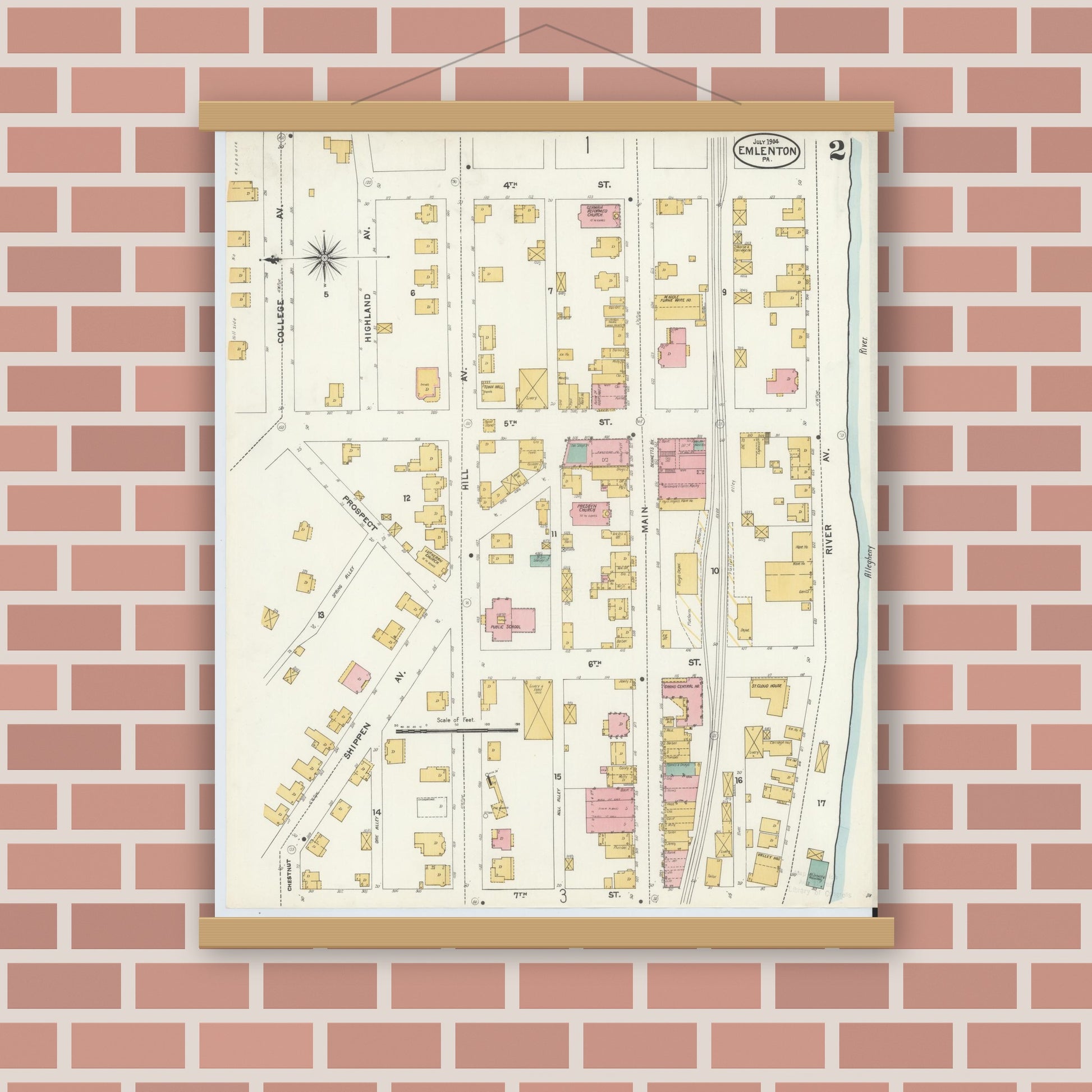 Old map wall art mockup — magnetic wood frame on brick wall — Sanborn Fire Insurance Map from Emlenton, Venango County, Pennsylvania (1904), Sheet #0002