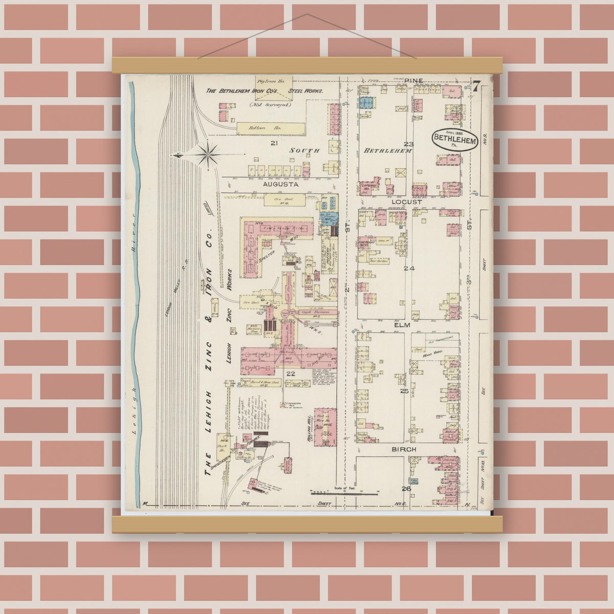 Old map wall art mockup — magnetic wood frame on brick wall — Sanborn Fire Insurance Map from Bethlehem, Northampton And Lehigh Counties, Pennsylvania (1885), Sheet #0007