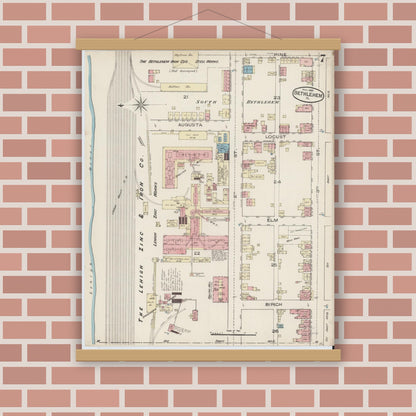 Old map wall art mockup — magnetic wood frame on brick wall — Sanborn Fire Insurance Map from Bethlehem, Northampton And Lehigh Counties, Pennsylvania (1885), Sheet #0007