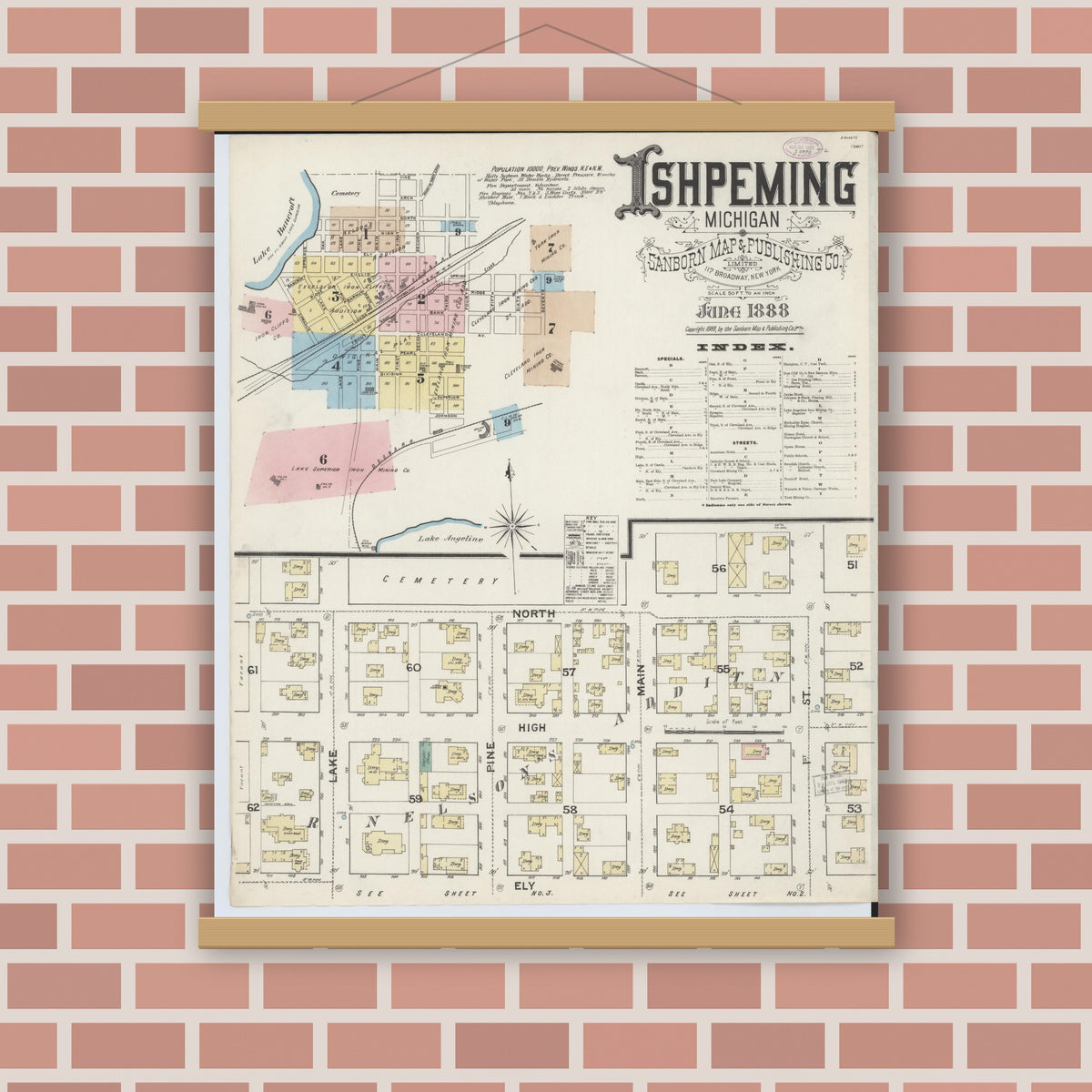 Old map wall art mockup — magnetic wood frame on brick wall — Sanborn Fire Insurance Map from Ishpeming, Marquette County, Michigan (1888), Sheet #0001