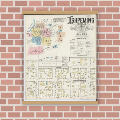 Old map wall art mockup — magnetic wood frame on brick wall — Sanborn Fire Insurance Map from Ishpeming, Marquette County, Michigan (1888), Sheet #0001