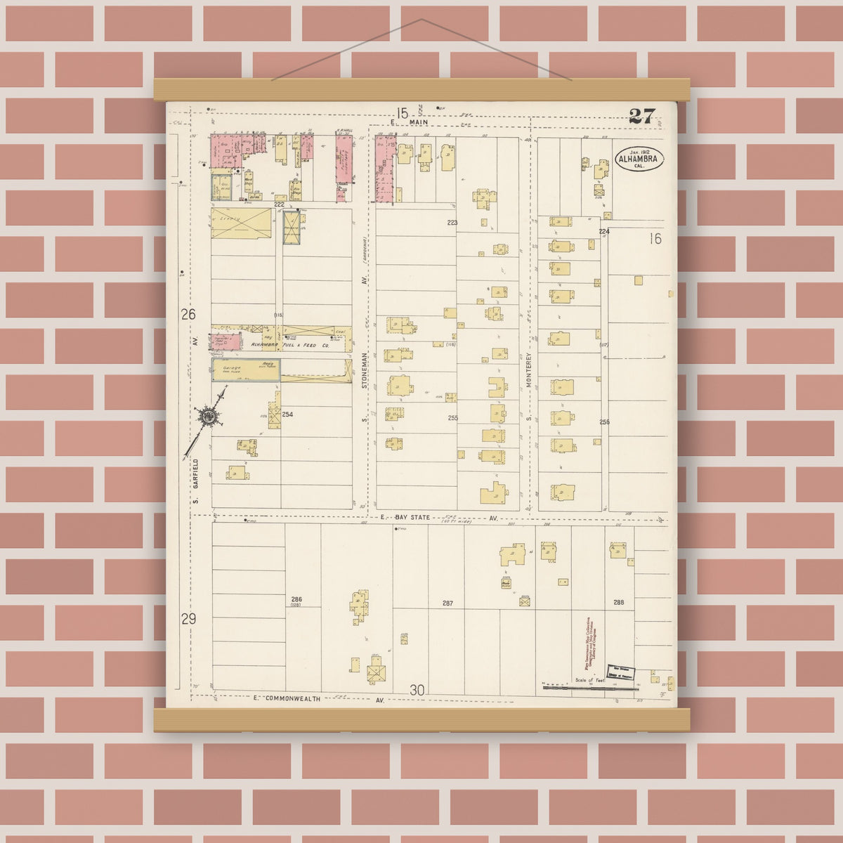 Old map wall art mockup — magnetic wood frame on brick wall — Sanborn Fire Insurance Map from Alhambra, Los Angeles County, California (1912), Sheet #0027