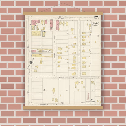 Old map wall art mockup — magnetic wood frame on brick wall — Sanborn Fire Insurance Map from Alhambra, Los Angeles County, California (1912), Sheet #0027