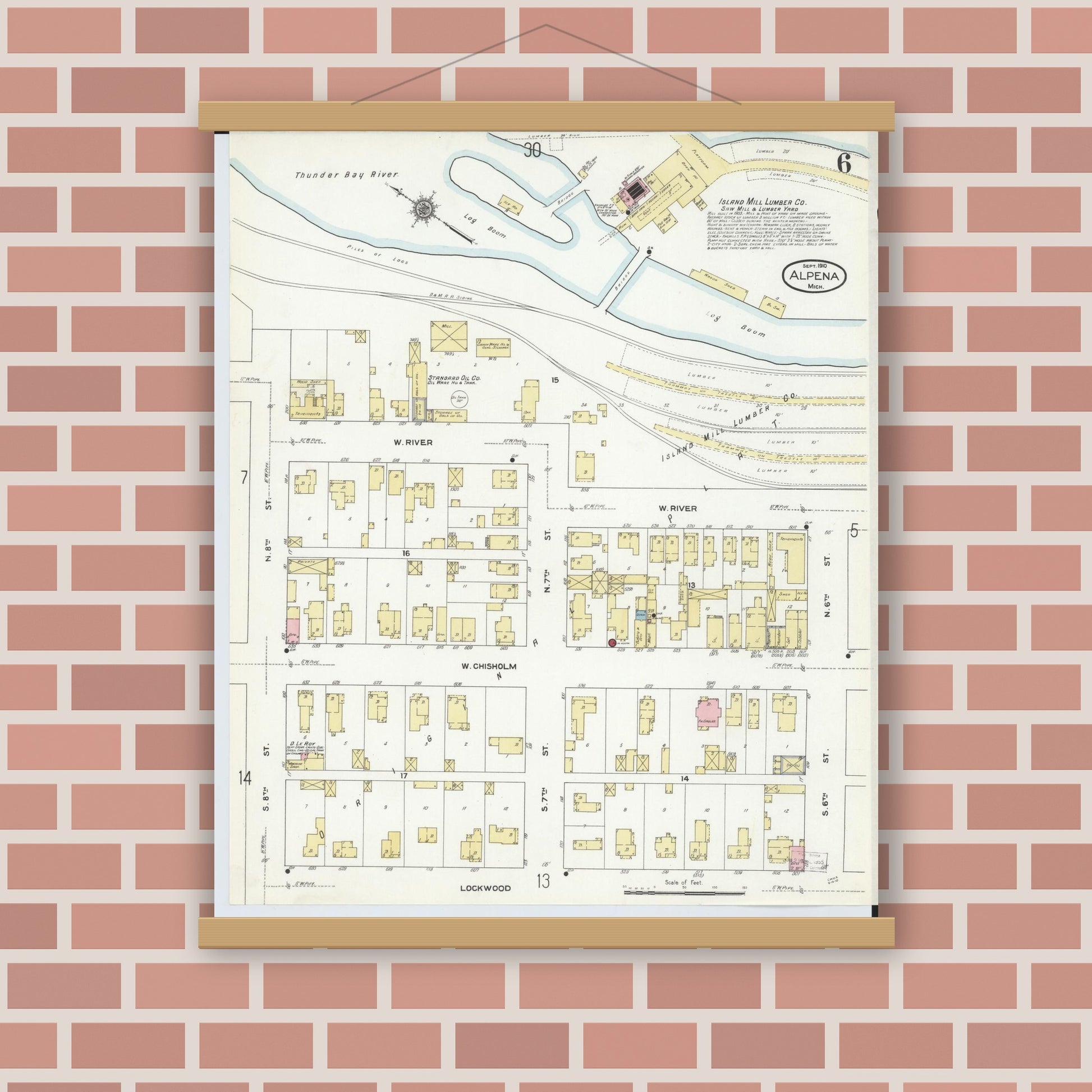Old map wall art mockup — magnetic wood frame on brick wall — Sanborn Fire Insurance Map from Alpena, Alpena County, Michigan (1910), Sheet #0006