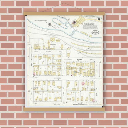 Old map wall art mockup — magnetic wood frame on brick wall — Sanborn Fire Insurance Map from Alpena, Alpena County, Michigan (1910), Sheet #0006