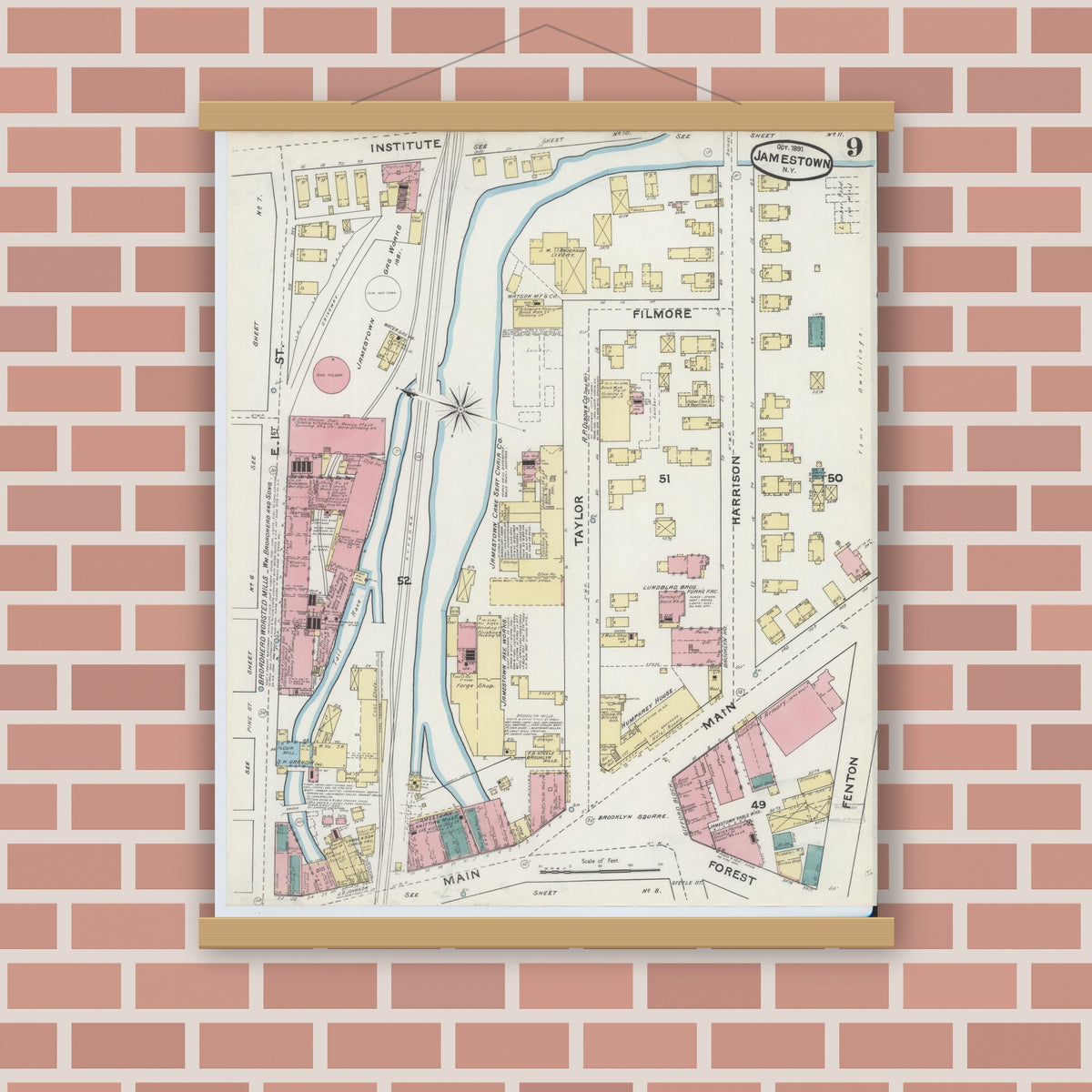 Old map wall art mockup — magnetic wood frame on brick wall — Sanborn Fire Insurance Map from Jamestown, Chautauqua County, New York (1891), Sheet #0009