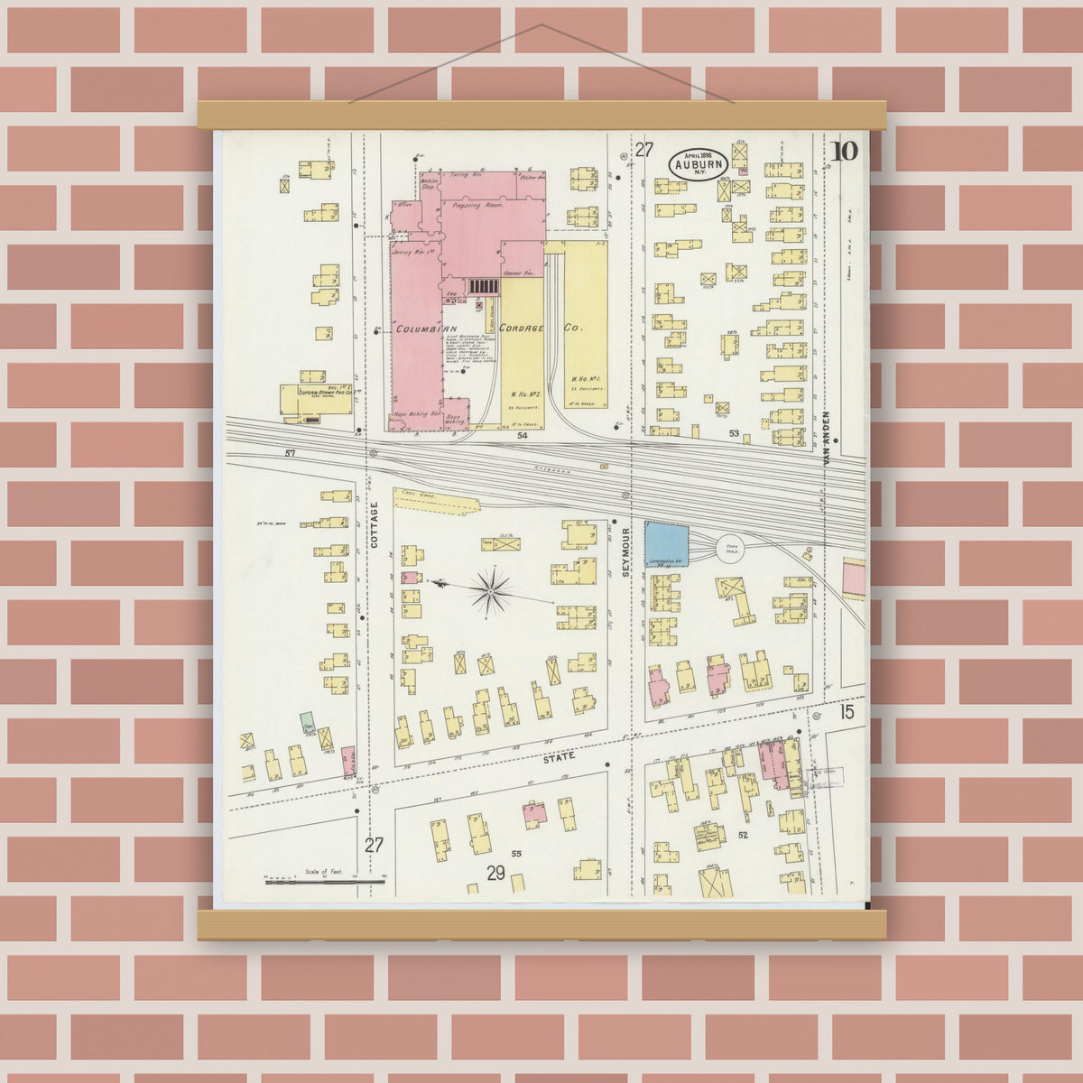 Old map wall art mockup — magnetic wood frame on brick wall — Sanborn Fire Insurance Map from Auburn, Cayuga County, New York (1898), Sheet #0010