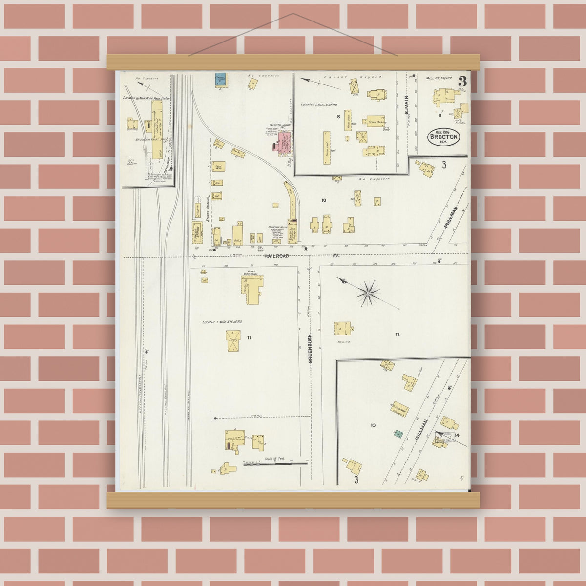 Old map wall art mockup — magnetic wood frame on brick wall — Sanborn Fire Insurance Map from Brocton, Chautauqua County, New York (1906), Sheet #0003
